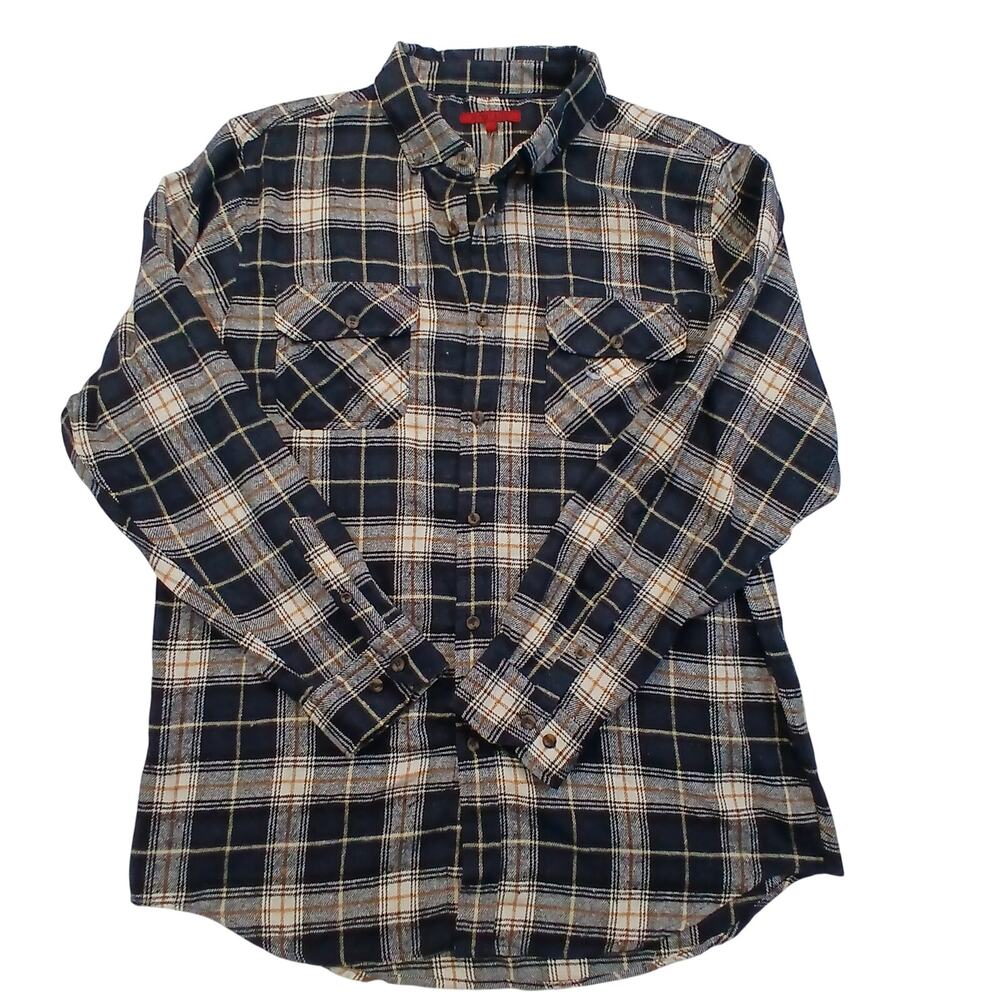 Montage Mens XXL Plaid Flannel Button Down Shirt Navy Blue Tan Cotton